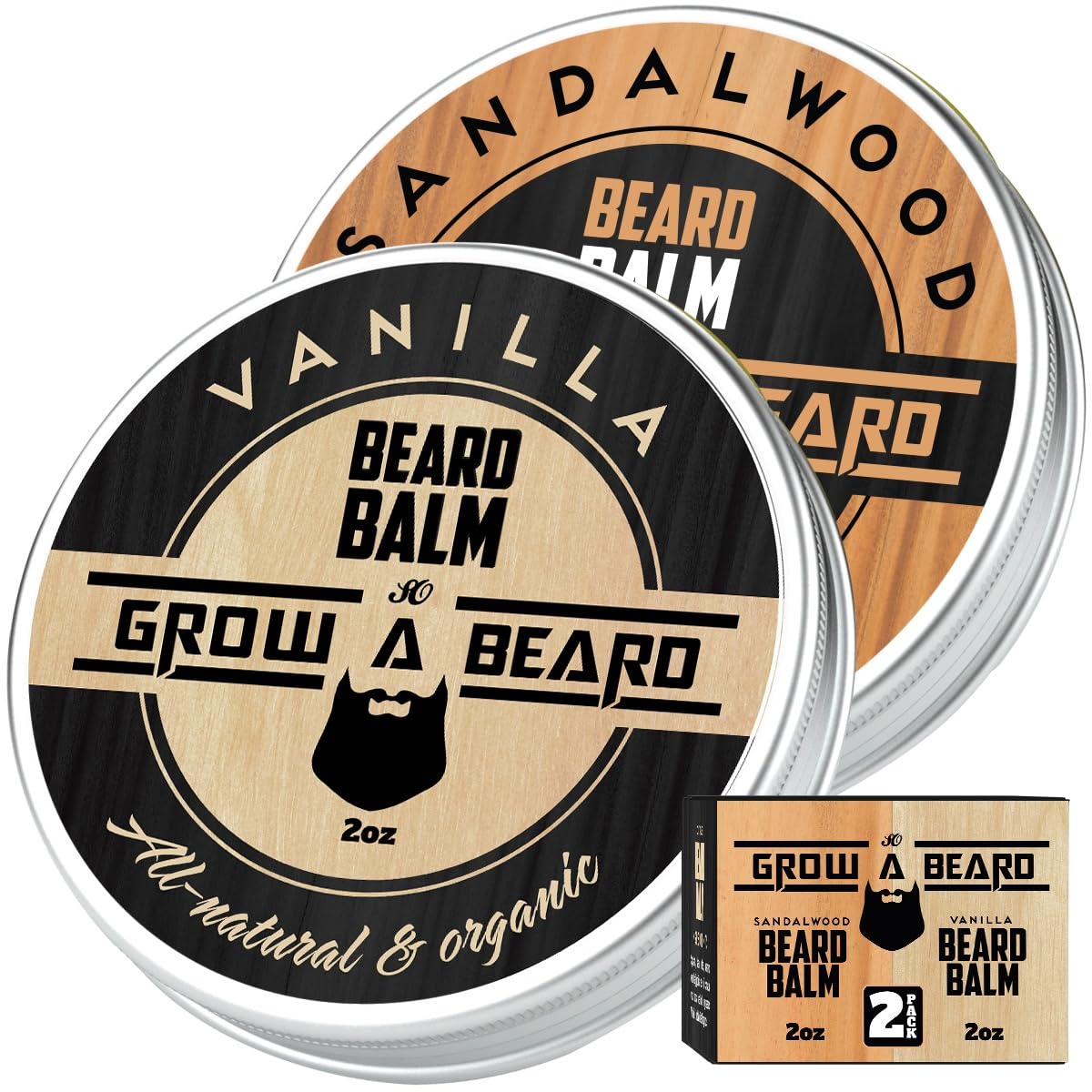 Beard Balm for Men, 2oz Sandalwood & 2oz Vanilla Scent