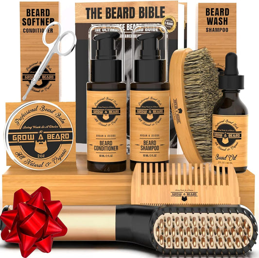 Beard Straightener Grooming Kit for Men, Beard Growth Kit, Wash, Brush & Comb, Unscented Growth Oil, All Natural Chanel Balm, Conditioner, Razor & Scissors, Great Gift Idea for Men's