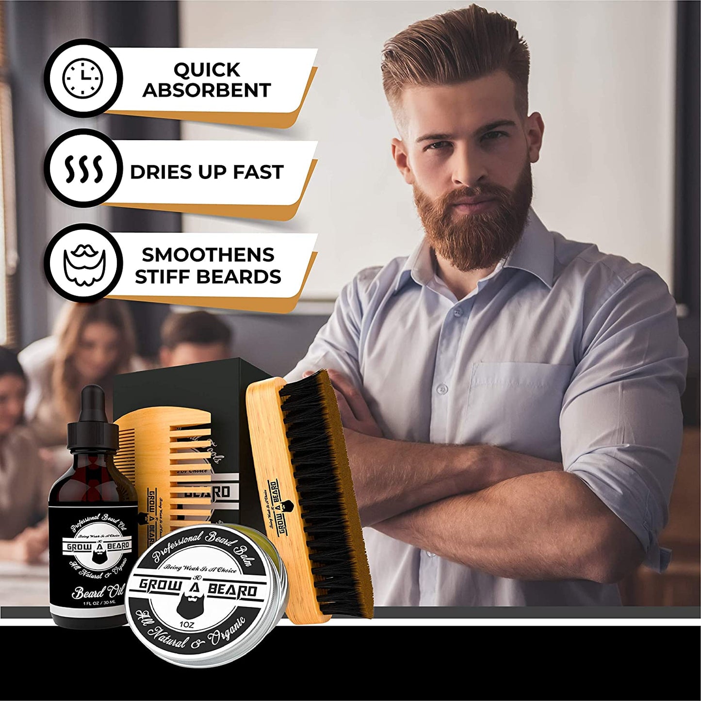 Beard Grooming Kit for Men - Bamboo Travel Set With Brush, Comb, Oil & Balm for Growth