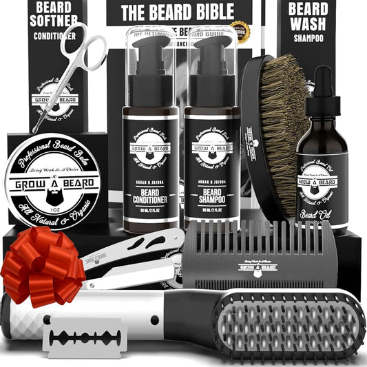 Beard Straightener Grooming Kit for Men, Beard Growth Kit, Beard Wash, Brush & Comb, Unscented Growth Oil, All Natural Chanel Balm, Conditioner, Razor & Scissors, Great Gift Idea for Men's