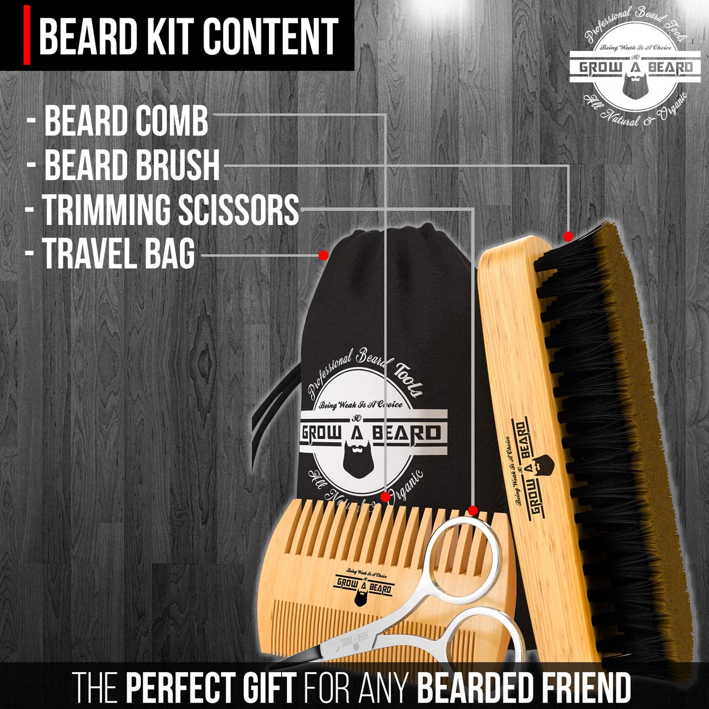Beard Grooming Kit, With Beard Brush, Comb, Scissors, & Travel Bag, Great Fathers Day Gift