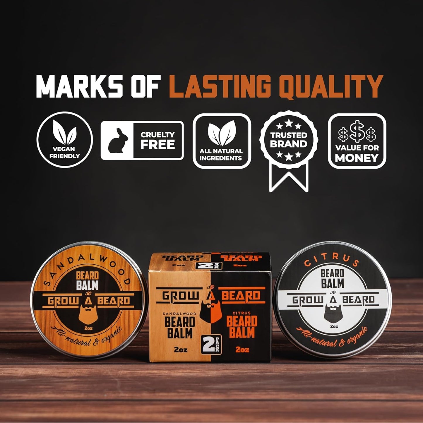 Beard Balm for Men, 2oz Sandalwood & 2oz Citrus Scent, w/Jojoba Oil & Shea Butter (2 Pack)