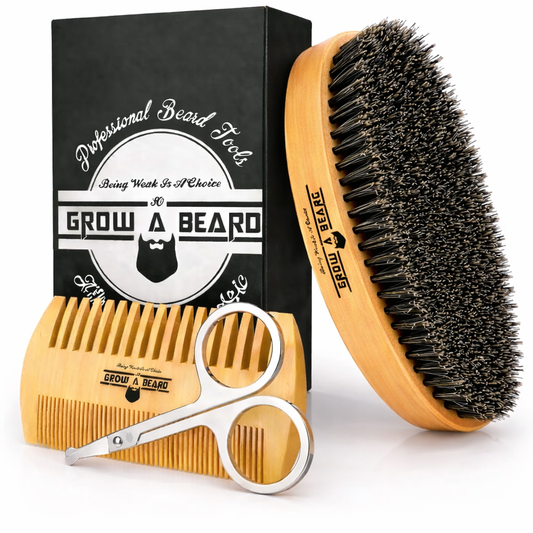 Beard Brush for Men with Beard & Mustache Comb Set, Beard Grooming & Care Kit, Natural Boar Bristle Brush, Dual Action Wood Comb, Grooming Scissors, and Travel Bag, Great Fathers Day, Dad & Men Gifts