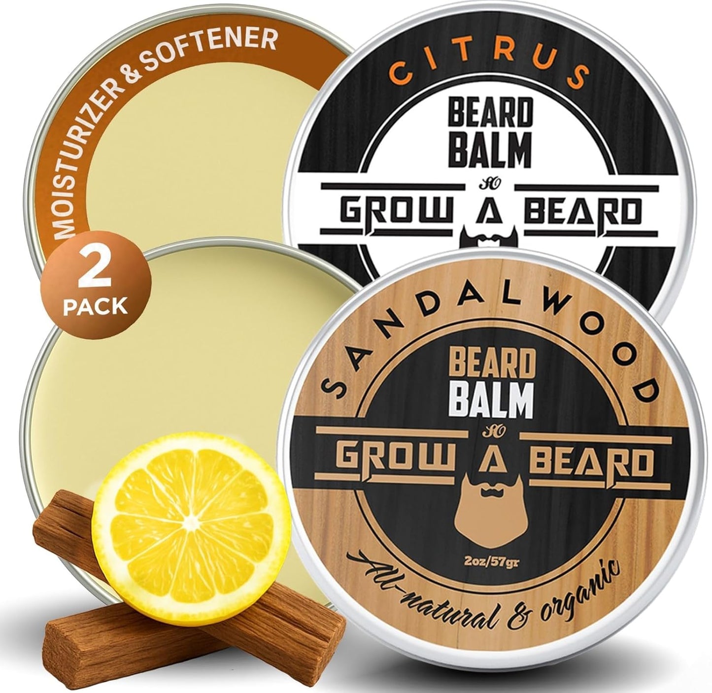 Beard Balm for Men, 2oz Sandalwood & 2oz Citrus Scent, w/Jojoba Oil & Shea Butter (2 Pack)