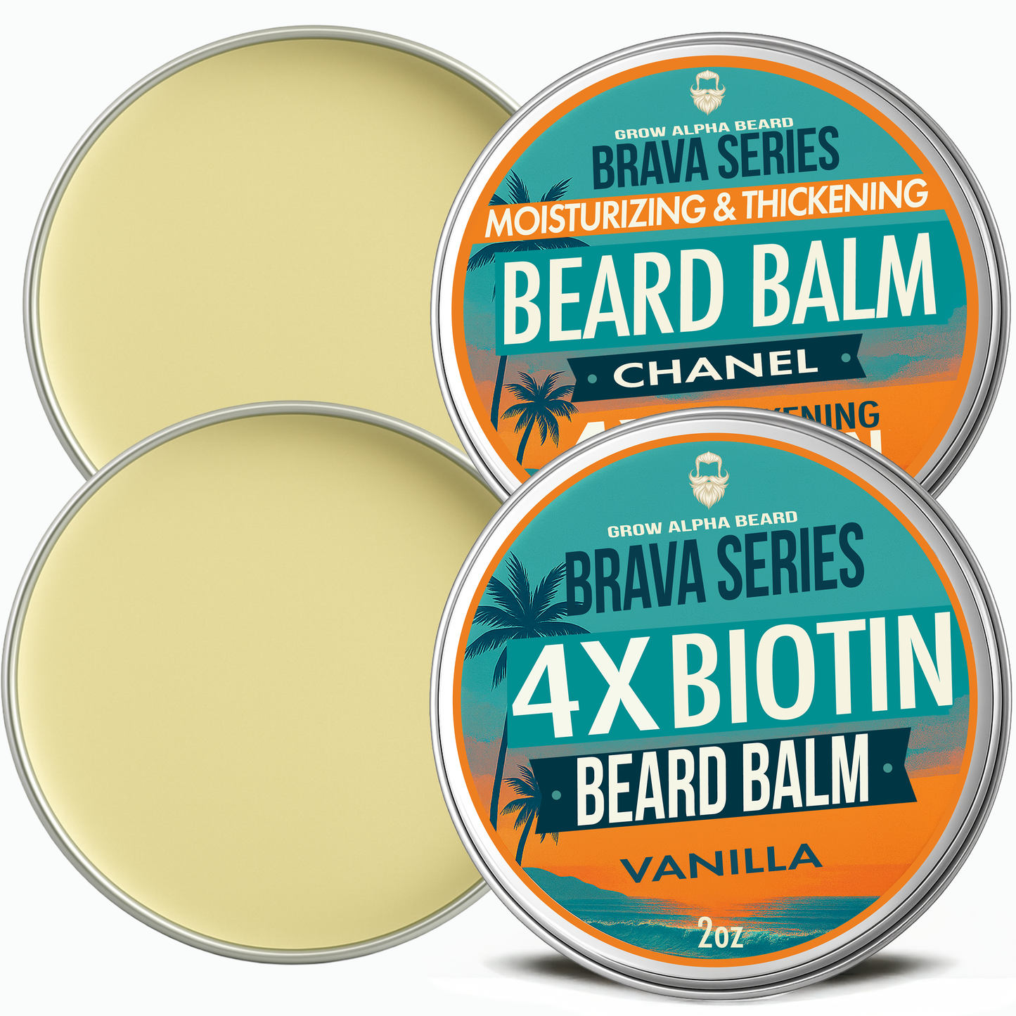 Beard Balm for Men, 2oz chanel & 2oz Vanilla Scent, w/Jojoba Oil & Shea Butter, Styling Cream for Men, Moisturizer & Softener, Beard Care Leave in Conditioner (2 Pack) (Biotin)