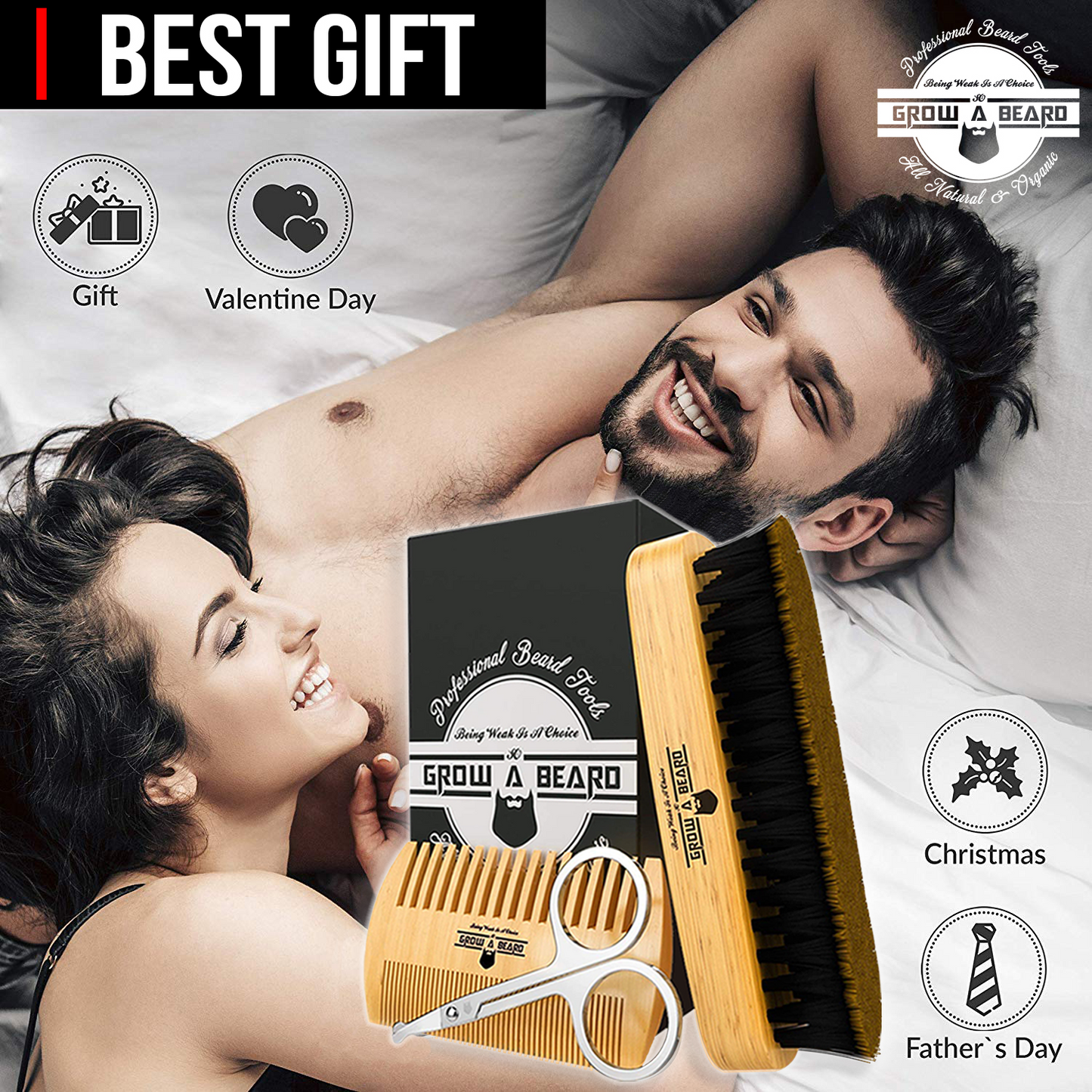 Beard Brush & Beard Comb Set w/Mustache Scissors Grooming Kit