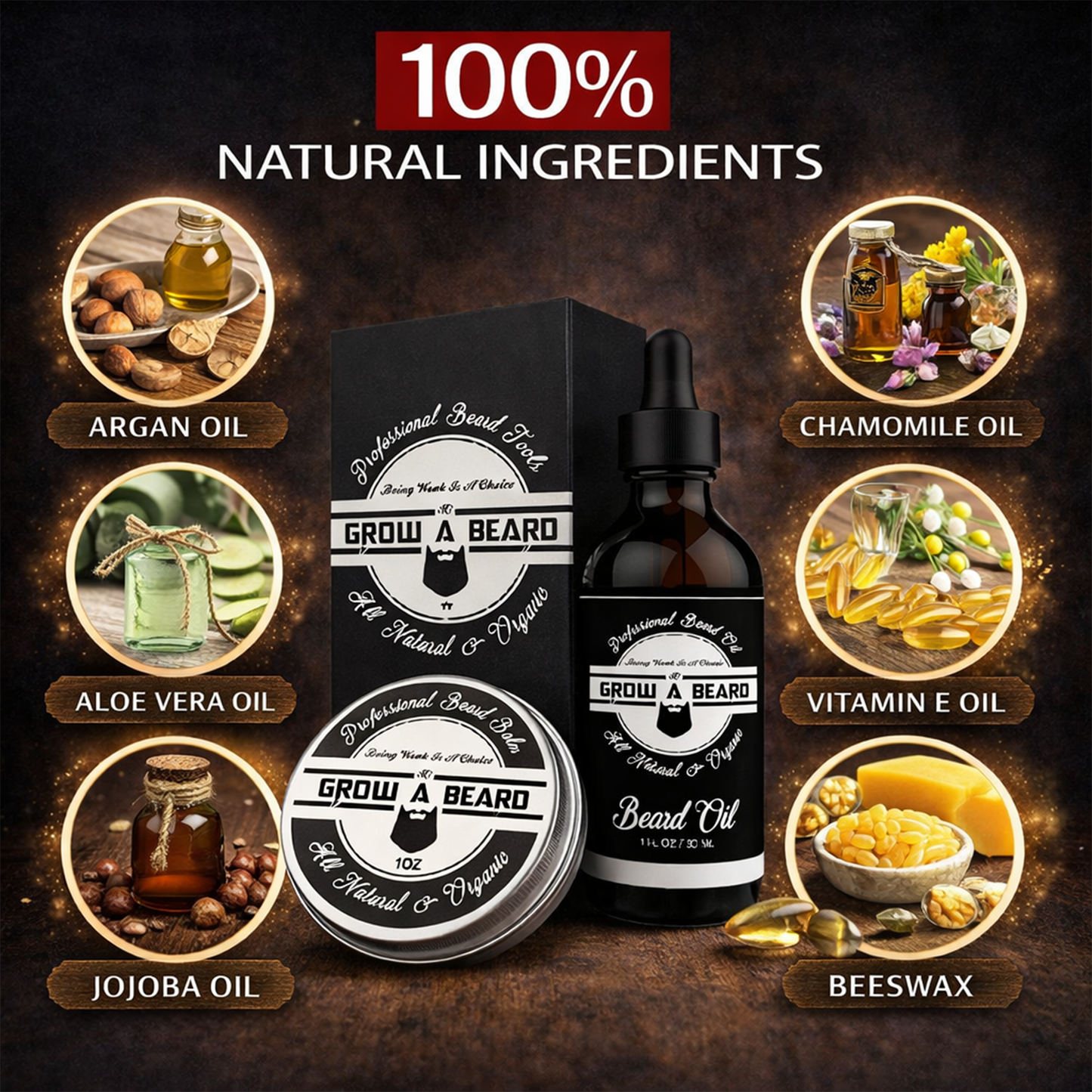 GrowABeard™ Premium Grooming Kit - 100% Boar Brush, Comb, Oil & Balm