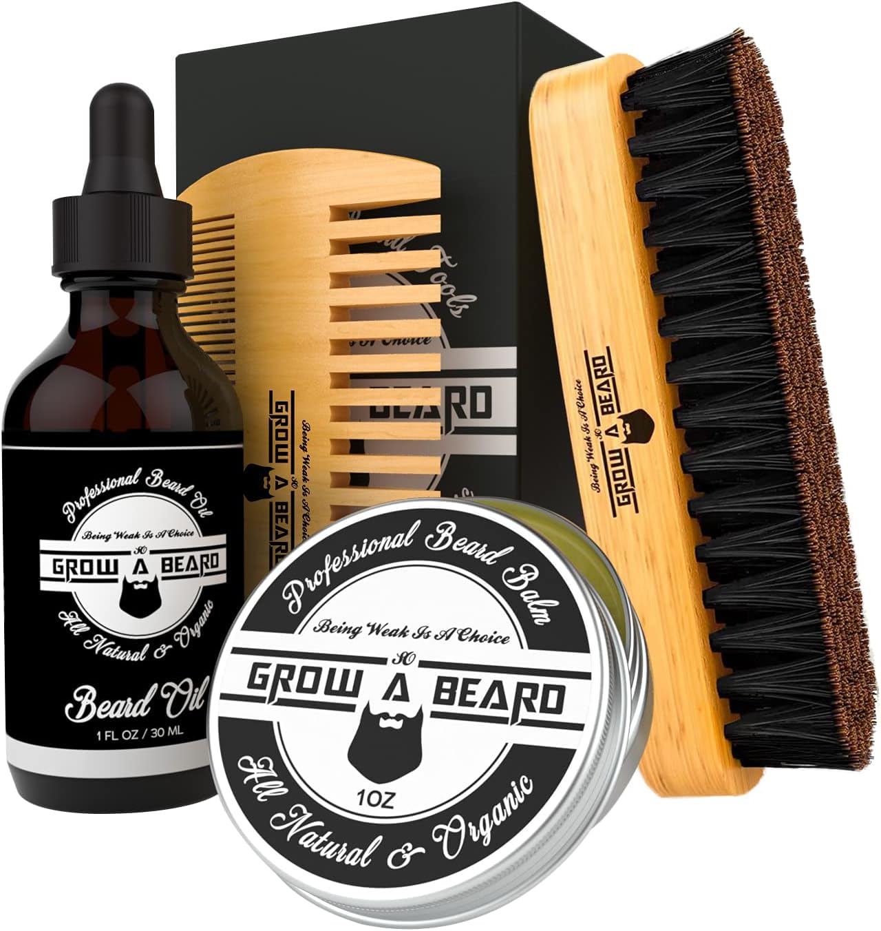 GrowABeard™ Premium Grooming Kit - 100% Boar Brush, Comb, Oil & Balm