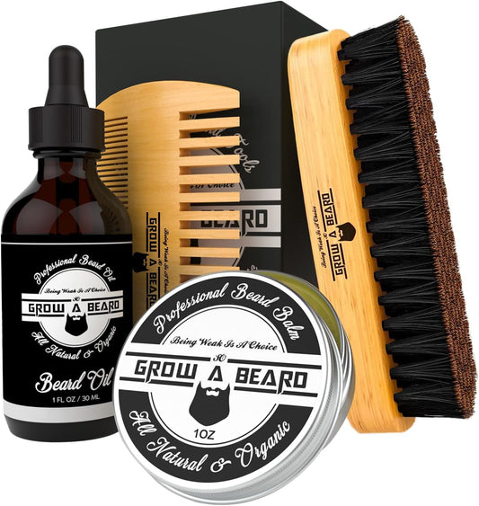 Beard Grooming Kit, Includes a Beard Brush, Comb, Oil, & Balm, Great Gift for men